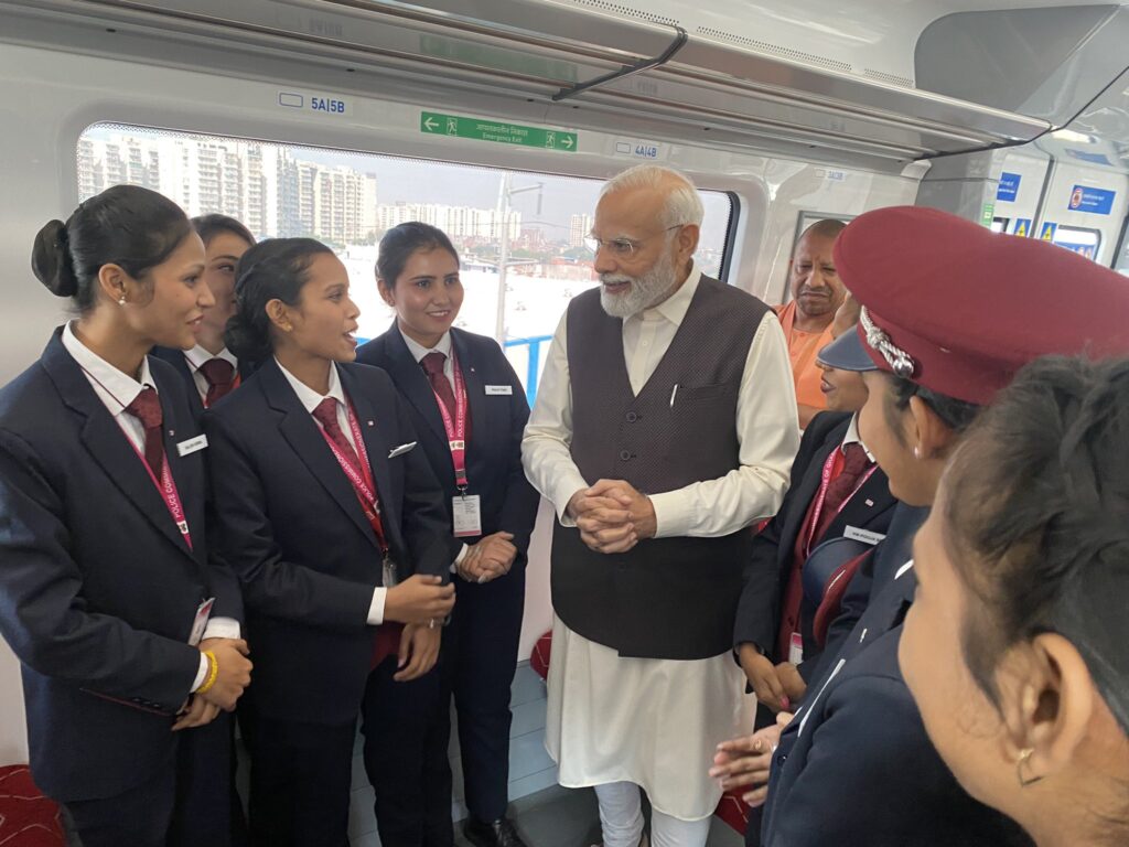 PM Narendra Modi is on board the Regional Rapid Train Namo Bharat with co-passengers who are sharing their experiences.