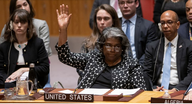 UN Photo/Manuel Elías Ambassador Linda Thomas-Greenfield of the United States votes against the draft resolution in the UN Security Council meeting on the situation in the Middle East, including the Palestinian question.